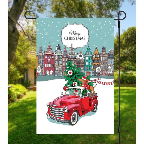 Merry Christmas Double 2 Sided Garden Flag with Dachshund Dog in Red Truck NEW - Picture 5 of 7